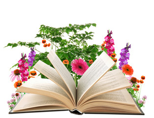 Open book with  flowers isolated on white