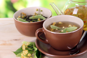 Kettle and cup of tea with linden