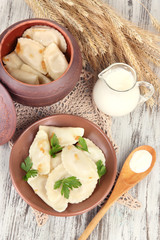 Tasty dumplings with fried onion