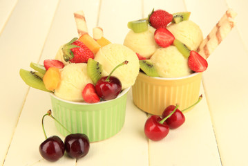 Delicious  ice cream with fruits and berries in bowl