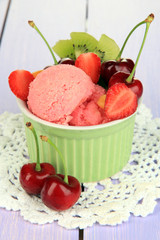 Delicious  ice cream with fruits and berries in bowl