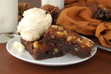 Brownies with ice cream and milk