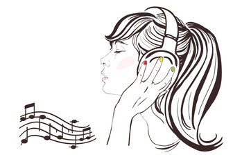 Girl with long hair in headphones. Vector illustration
