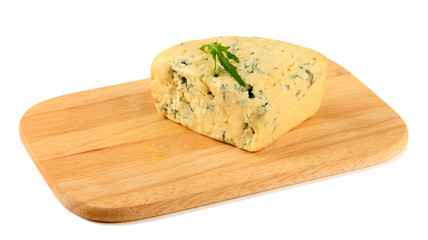 Tasty blue cheese on cutting board, isolated on white