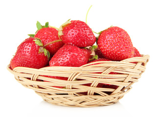 Ripe sweet strawberries in basket, isolated on white