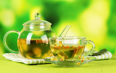 Kettle and cup of tea with linden