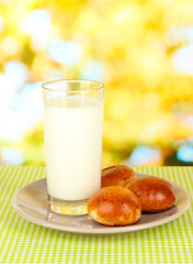 Bread roll and glass of milk on nature background