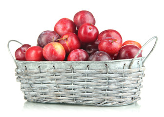 Naklejka na ściany i meble Ripe plums in basket isolated on white