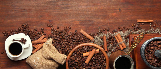 Coffee beans, metal turk and coffee mill