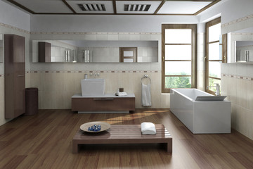 Modern luxury bathroom interior with design bathtub and bench