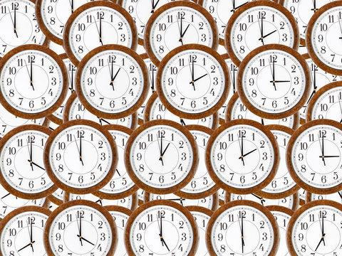 Background of wall clocks with brown wooden frame