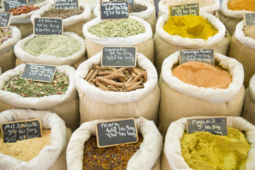Spice market, bags of colorful spices