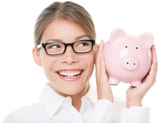Glasses woman saving on eyewear showing piggy bank