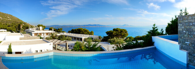 The panorama of sea view swimming pool in the luxury hotel, Pelo