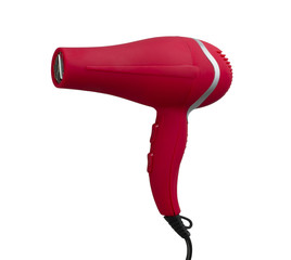 Red electric hair dryer isolated on white background