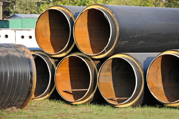 Steel pipe with heat insulation on construction site