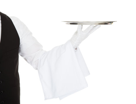 Waiter Holding Empty Silver Tray