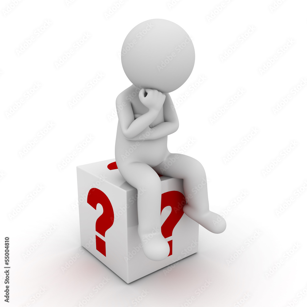 Aufkleber 3d man sitting and thinking on red question marks box over white