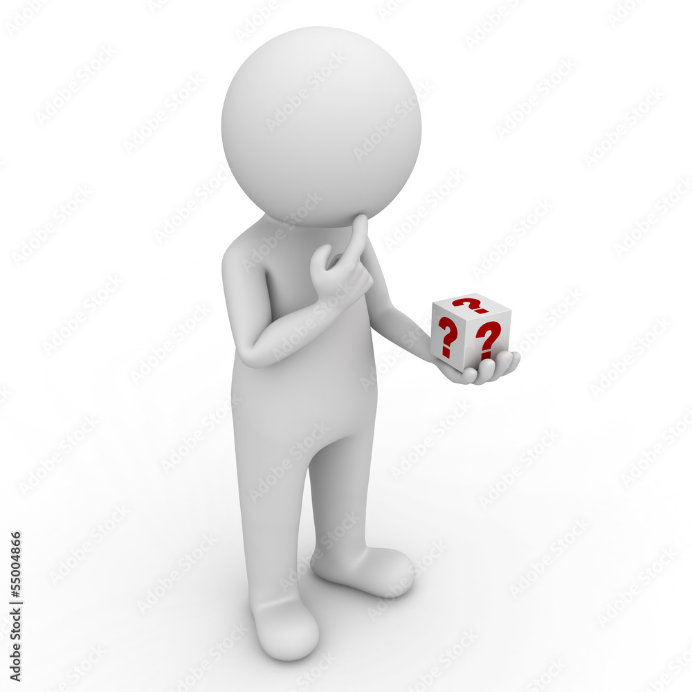Poster 3d man looking at question box in his hand and thinking