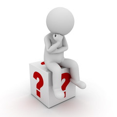3d man sitting and thinking on red question marks box over white