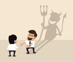 Devil shadow behind a smiling face of two businessmen