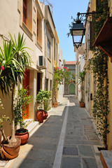 Narrow street in city of Rethymno, Crete, Greece