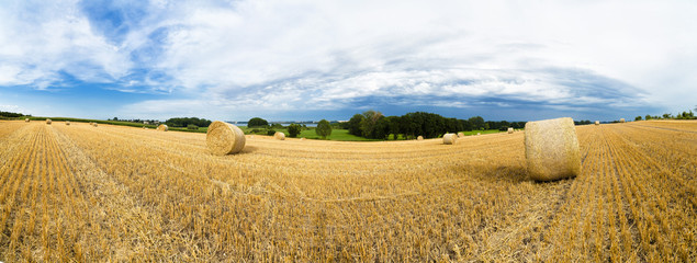 Strohballen auf einem Feld in der Uckermark im Land Brandenburg