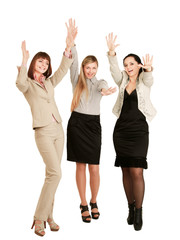 A portrait of businesswomen with hands up , isolated on white