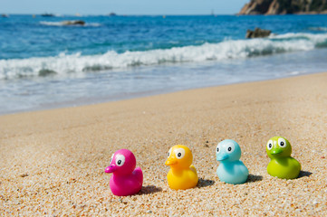 Colorful toy ducks at beach