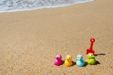 Fototapeta na wymiar Colorful toy ducks at beach