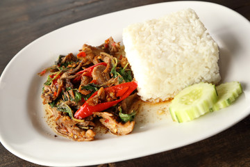 A fresh dish of Thai style food, Fried pork with sweet basi