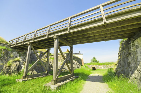 Wooden bridge in suomenlinna island, Helsinki, Finland.
