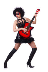 Woman with afro wig with guitar