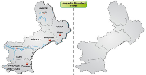 Fototapeta premium Inselkarte von Languedoc-Roussillon mit Grenzen in Grau