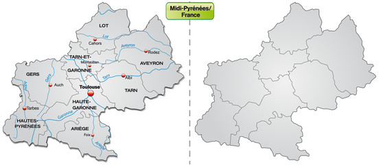 Inselkarte von Midi-Pyrénées mit Grenzen in Grau