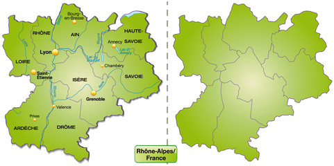 Inselkarte von Rhrône-Alpes mit Grenzen in Grün