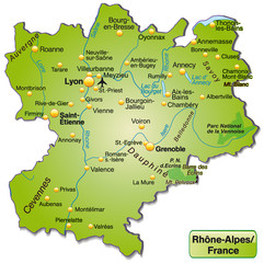 Inselkarte von Rhrône-Alpes als Übersichtskarte in Grün