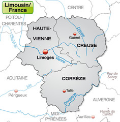 Umgebungskarte von Limousin mit Grenzen in Grau