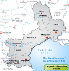 Umgebungskarte von Languedoc-Roussillon mit Grenzen in Grau