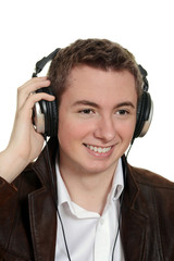 teen boy listening to music with headphones