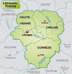 Umgebungskarte von Limousin mit Grenzen in Pastelgrün