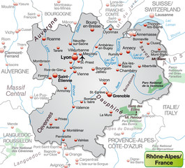 Umgebungskarte von Rhrône-Alpes als Übersichtskarte in Grau