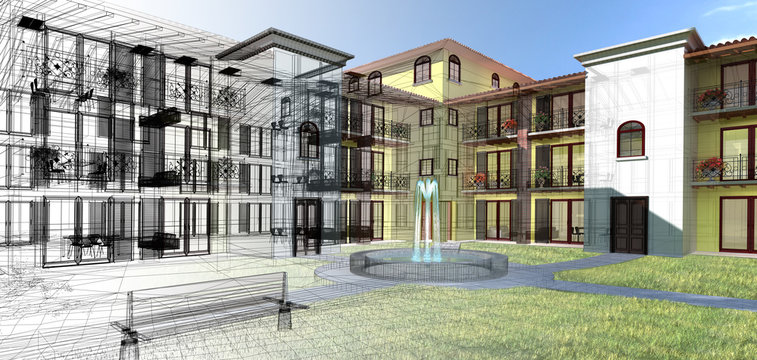 Rendering progetto, esterni, condominio, Appartamento