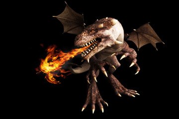 Naklejka premium Fire breathing dragon on a black background