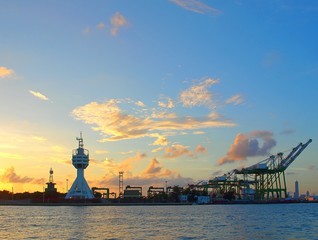 Naklejka premium View of Kaohsiung Harbor Entrance after Sunset
