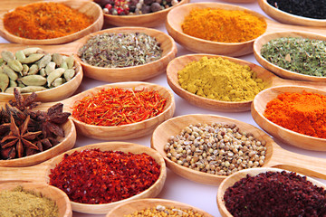 Assortment of spices in wooden spoons