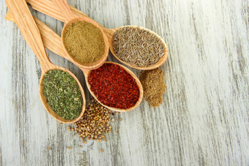 Assortment of spices in wooden spoons on wooden background