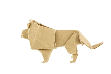 Origami lion recycle paper isolated on white background