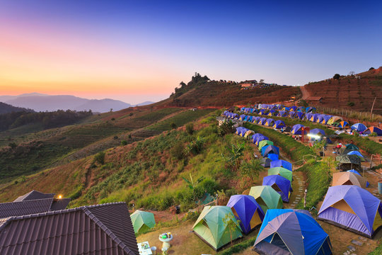 camping tent at dawn on the mountain in Chiangmai Thailand