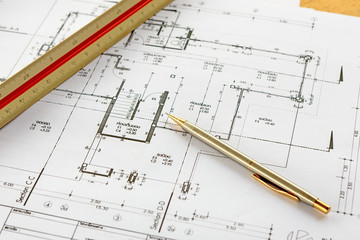 architecture drawings with pencil and ruler